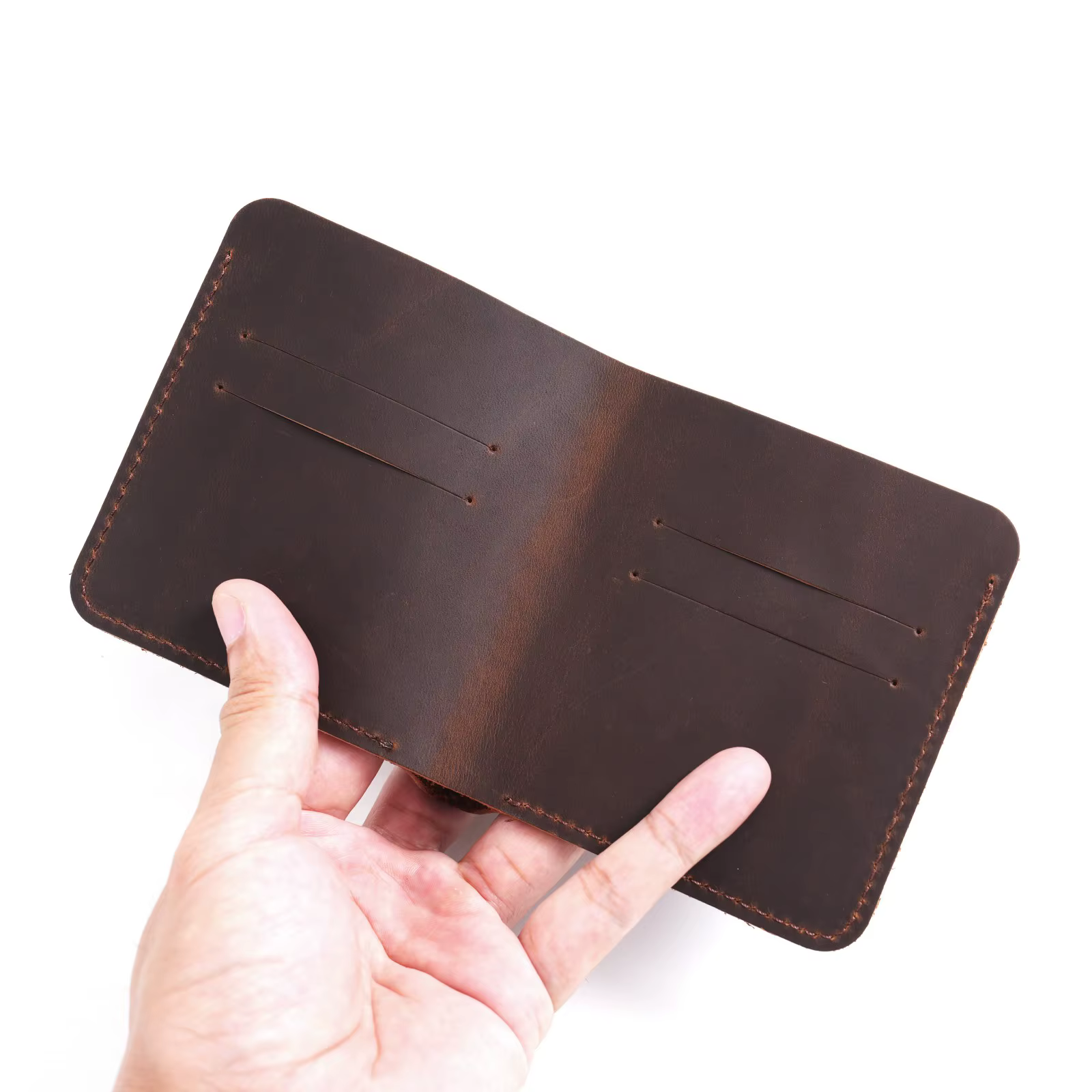 Portefeuille à deux volets en cuir véritable fait à la main, porte-cartes multi-fentes, pochette de
