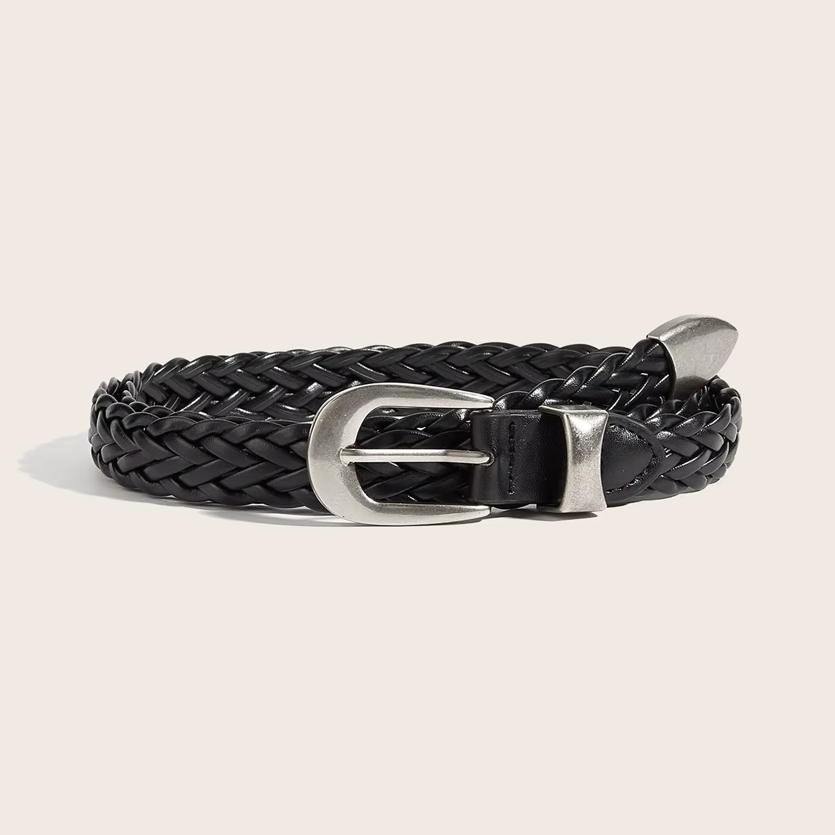 Ceinture tressée style punk sans perforation pour hommes et femmes, avec boucle en métal noir, style