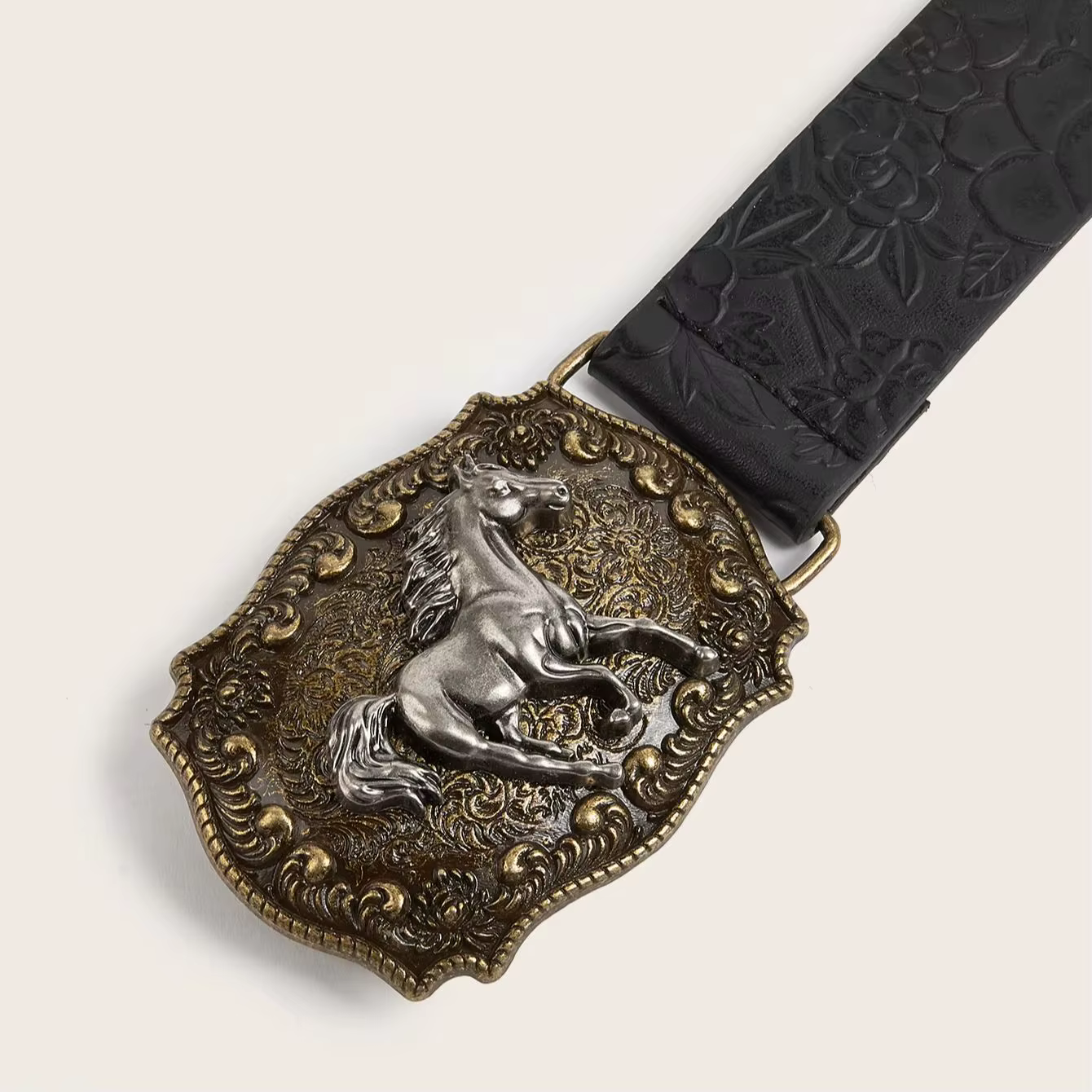 Ceinture en PU à motif de pivoine, boucle tête de cheval neutre, à la mode