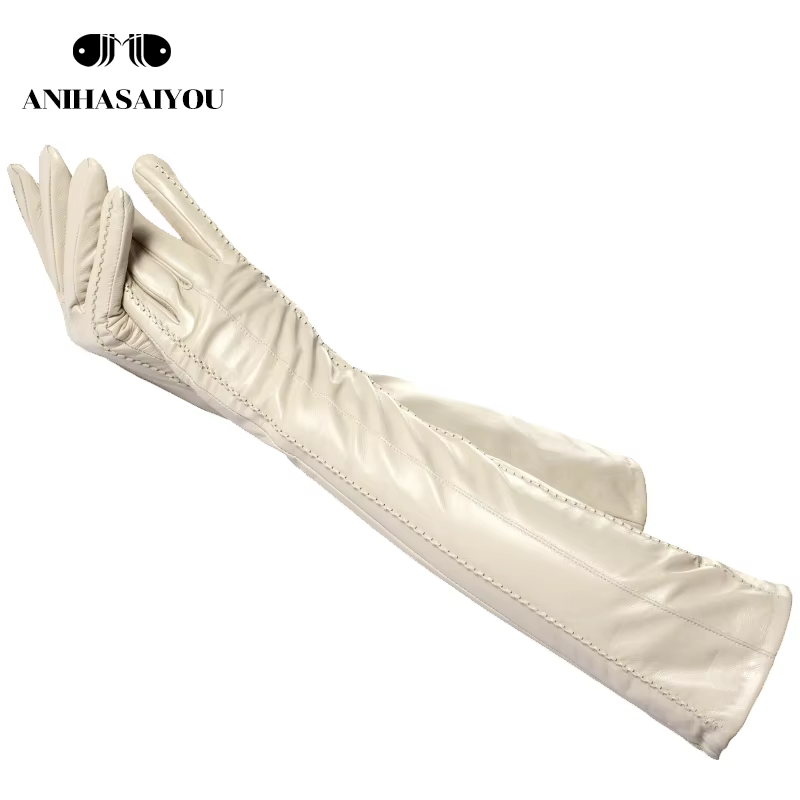 Gants longs en cuir beige à la mode, gants longs en cuir de haute qualité pour femmes, gants longs d