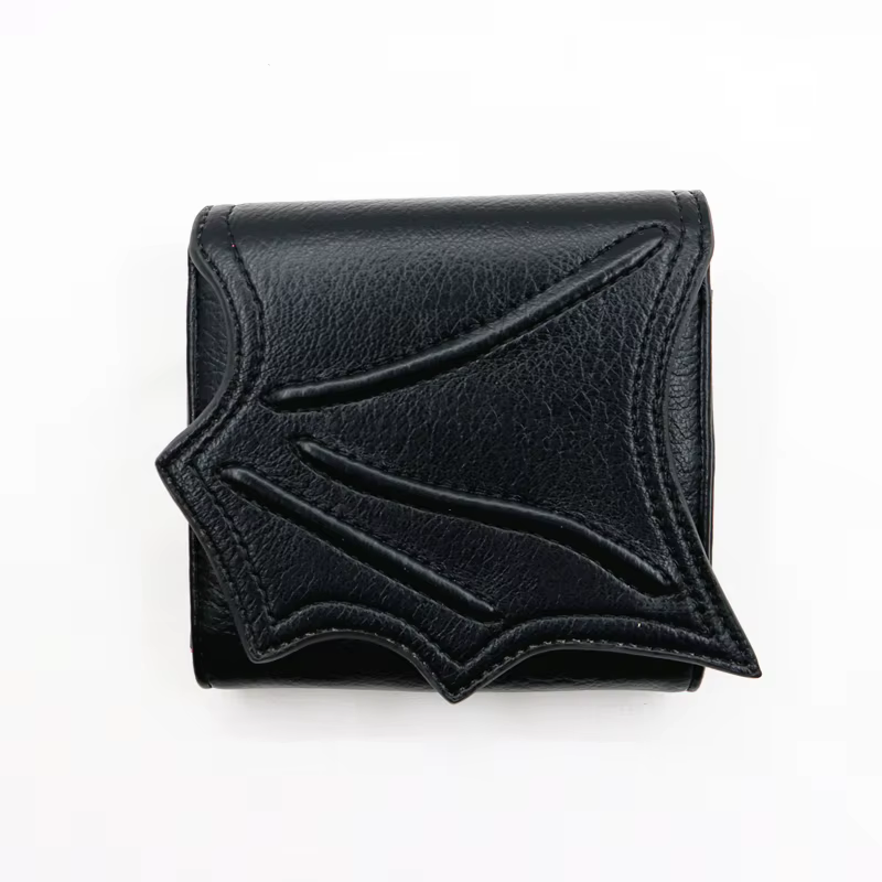 Portefeuille à ailes de chauve-souris en faux cuir noir végétalien, porte-cartes d'argent avec 3 emp