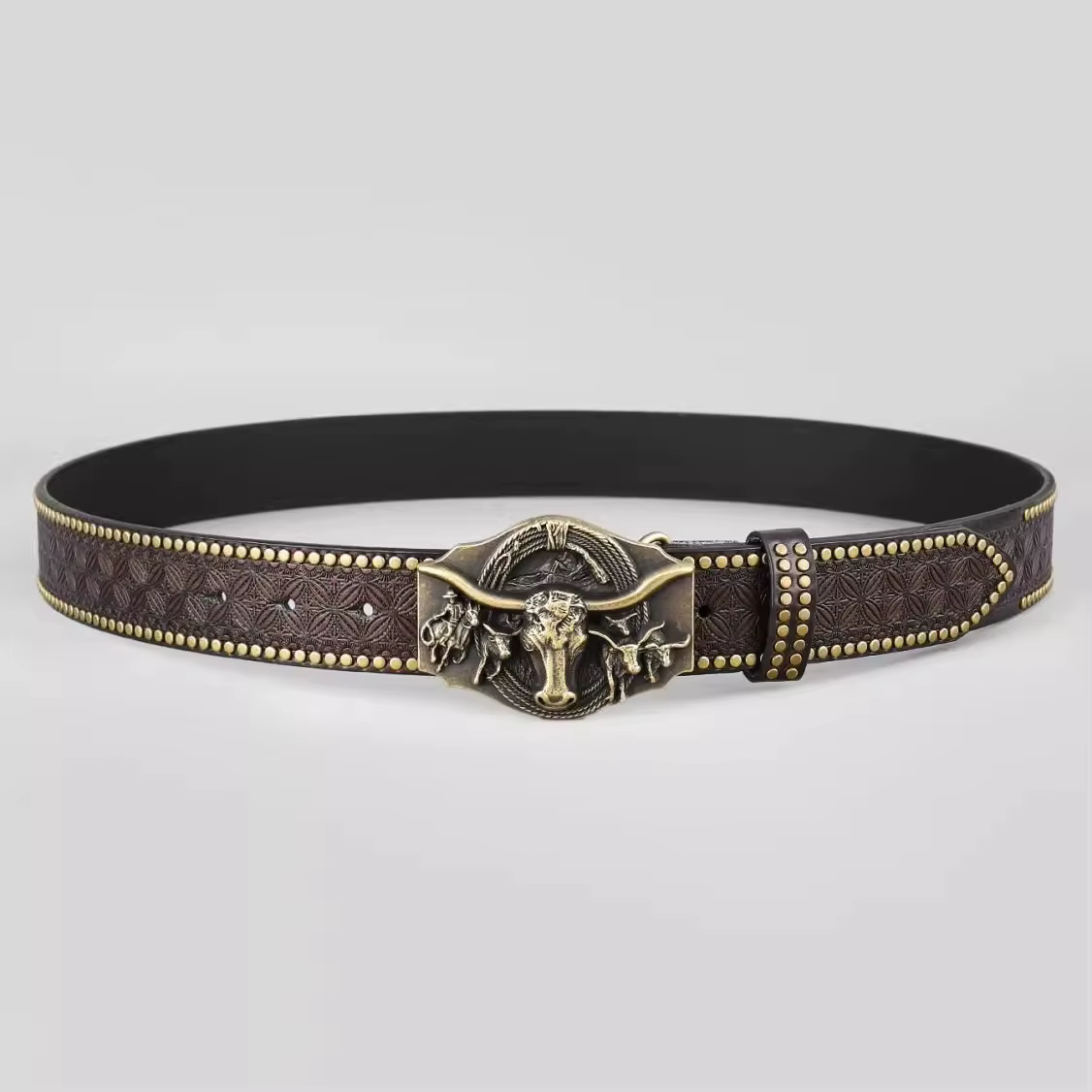 Ceinture de cowboy western pour hommes, ceinture vintage à boucle tête de taureau et rivets embossés