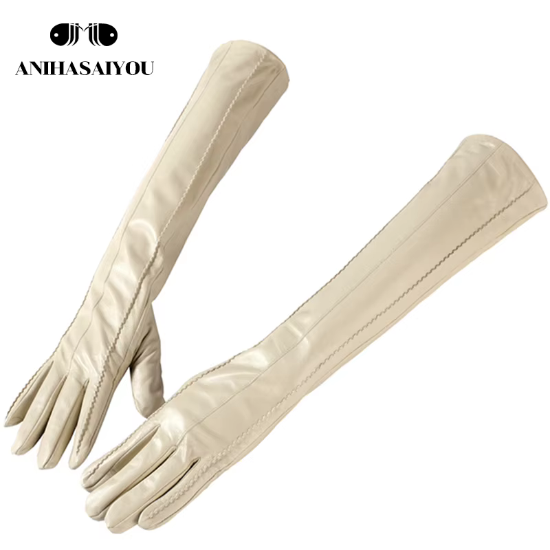 Gants longs en cuir beige à la mode, gants longs en cuir de haute qualité pour femmes, gants longs d