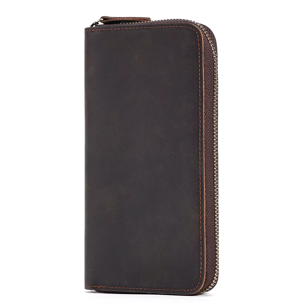 Portefeuille en cuir de cheval sauvage rétro pour hommes - Portefeuille long de style professionnel 