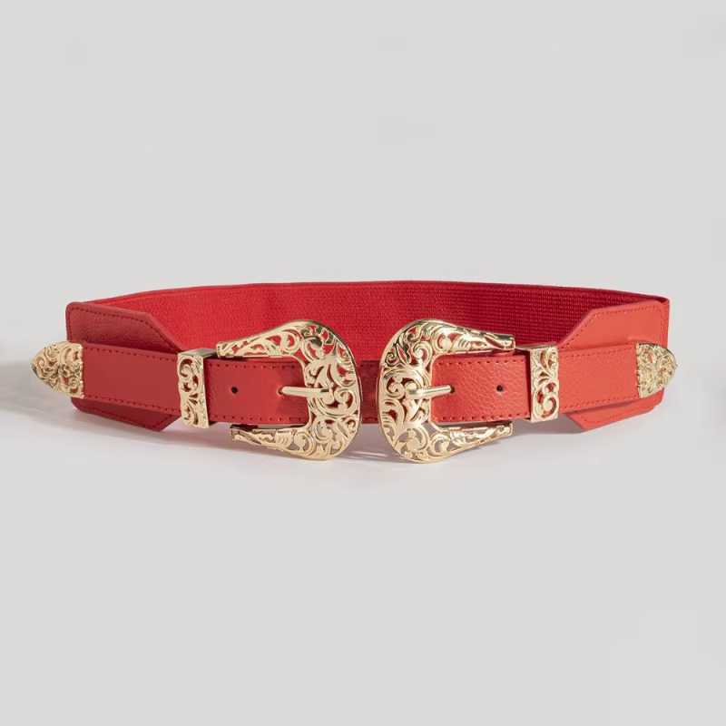 Ceinture Rétro Sculptée Ajourée à Double Structure artificiel astique Large, Accessoire de Mode Poly