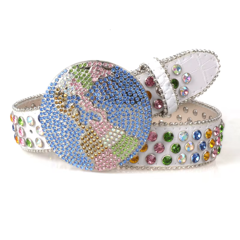 Ceinture de luxe scintillante et éblouissante avec strass colorés, style punk hip-hop, boucle rotati