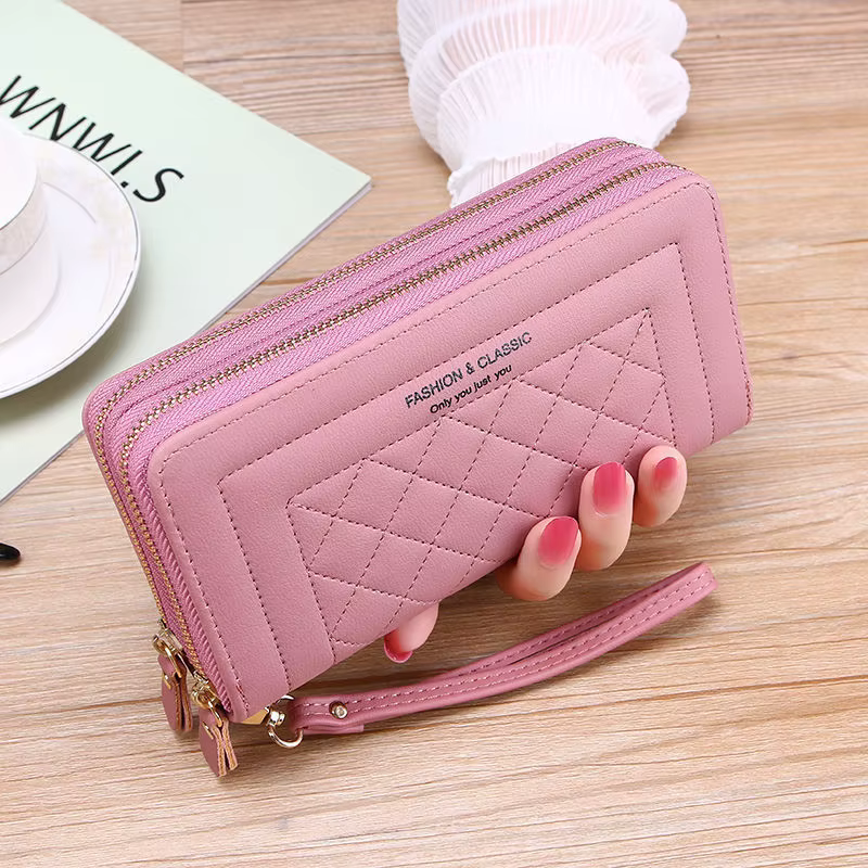 Portefeuille long en cuir PU pour femme – Pochette de luxe à double fermeture éclair avec grande cap