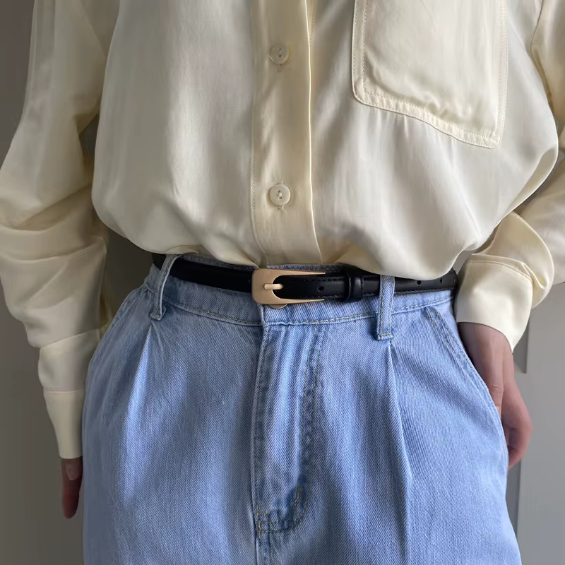 Ceinture fine en cuir pour femme, noir, marron, environnement carré, pin strucled jeans, pantalon da