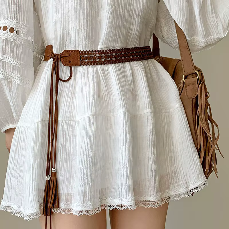 Ceinture large tressée pour femmes, décor à franges, café, Beige, kaki, Style Boho, accessoire pour