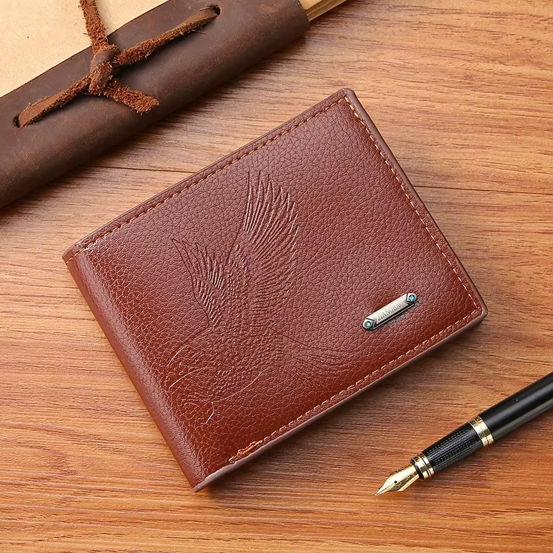Portefeuilles classiques en cuir pour hommes, mince et minimaliste, motif faucon, à deux volets, por