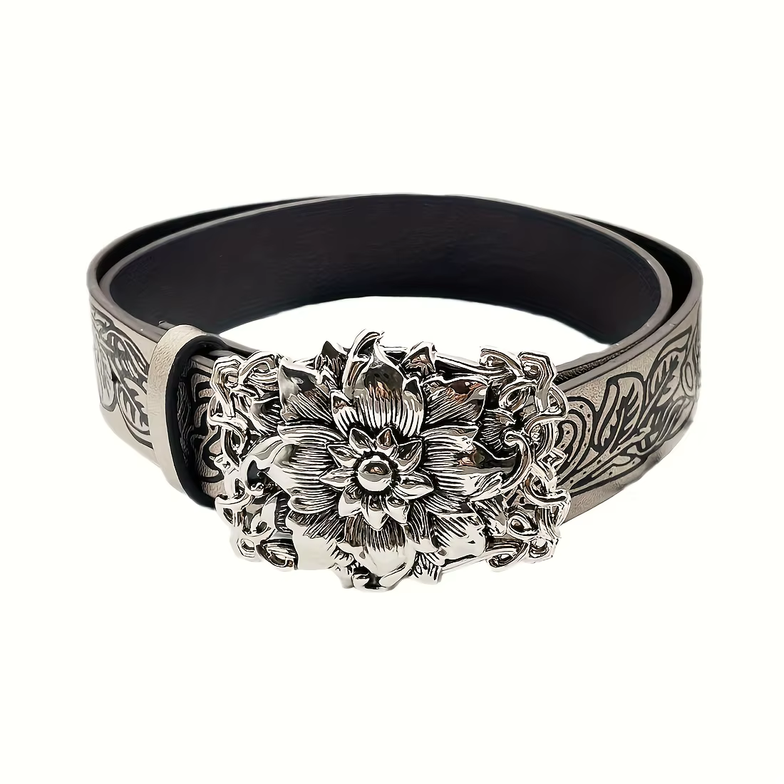 Ceinture vintage en argent avec boucle gravée florale 3D, ceinture décorative de style court en cuir
