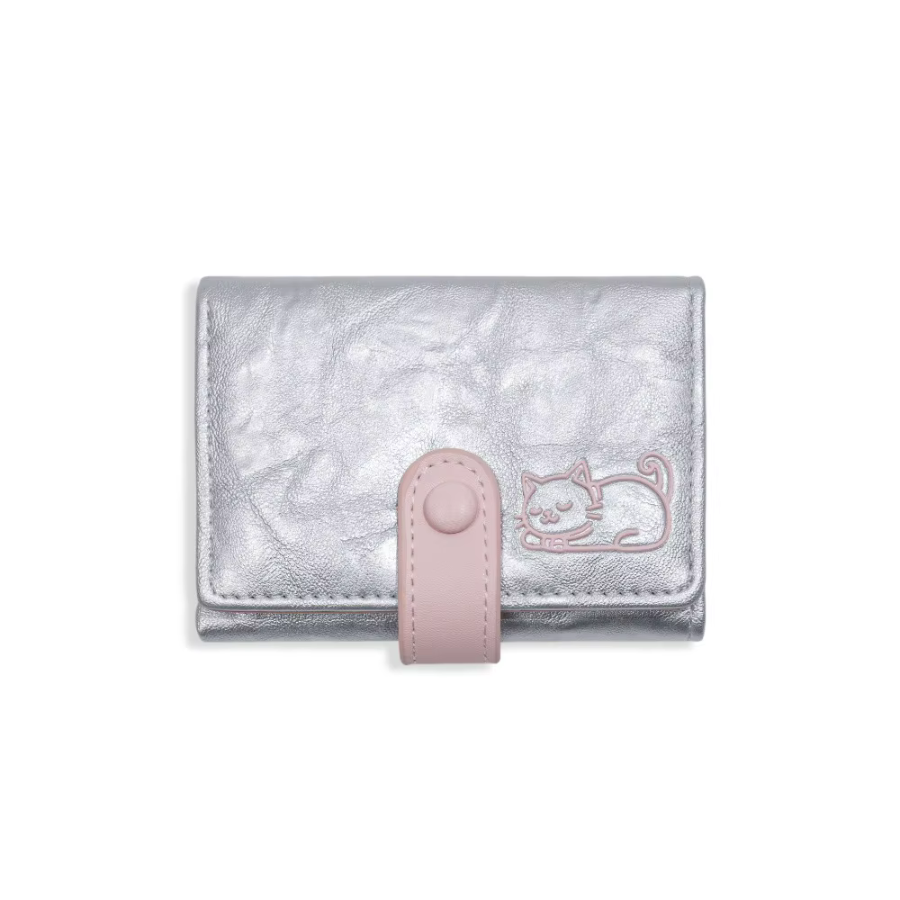 Porte-monnaie portable imprimé chat en cuir PU, mignon, court, avec plusieurs compartiments pour car