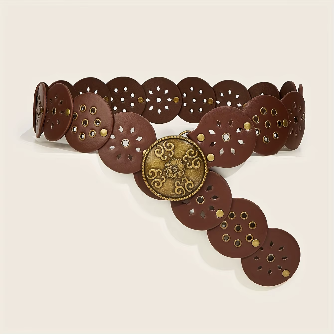 Ceinture bohème marron pour femmes, 1 pièce, avec boucle en bronze sculpté vintage, rivets et patchw