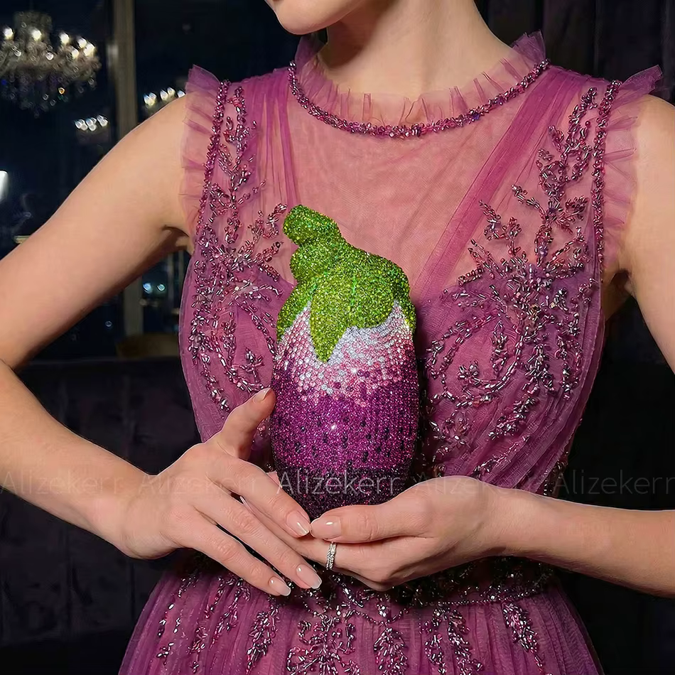 Sacs de soirée Alizekerr en forme d'aubergine pour femmes, magnifiques sacs à main en strass métalli