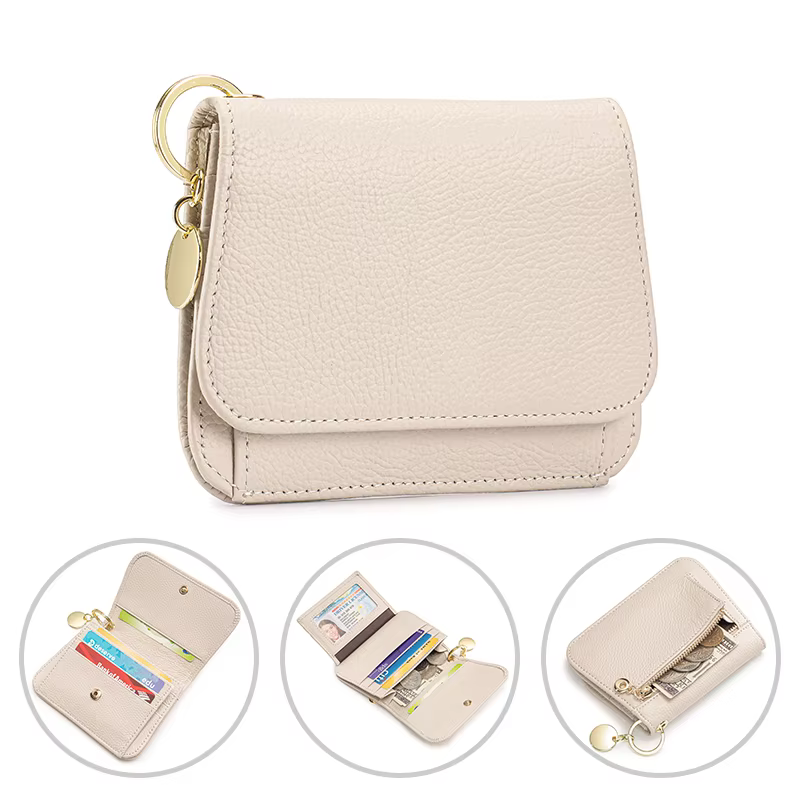 Portefeuille fin pour femme avec blocage RFID, en cuir véritable, porte-clés pour femme avec poche à