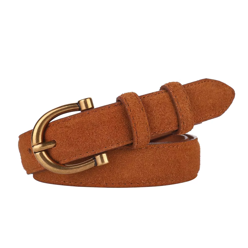 Ceinture en cuir véritable et daim pour femmes, ceinture fine, rétro, boucle dorée, marron, pour pan