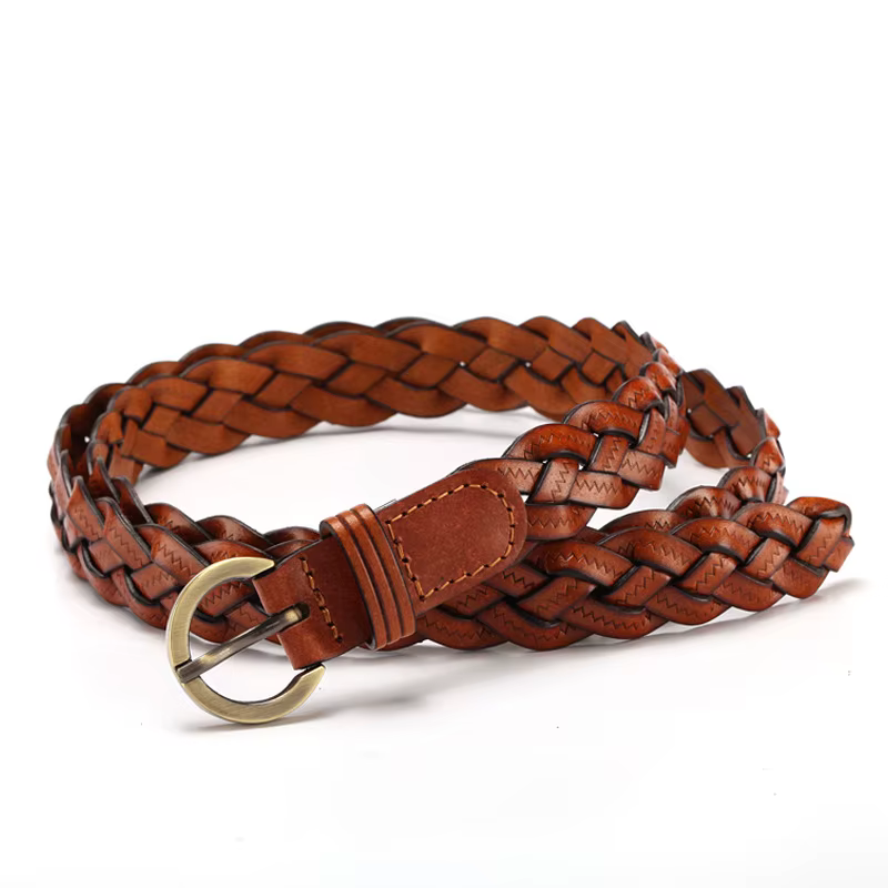Ceinture en cuir pour femmes, avec boucle ronde dorée tressée, ceinture fine décontractée pour étudi