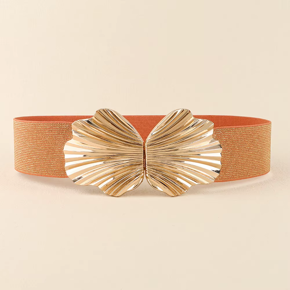 Ceinture large et extensible pour femmes, boucle en coquillage doré, mode rétro, bande élastique bri