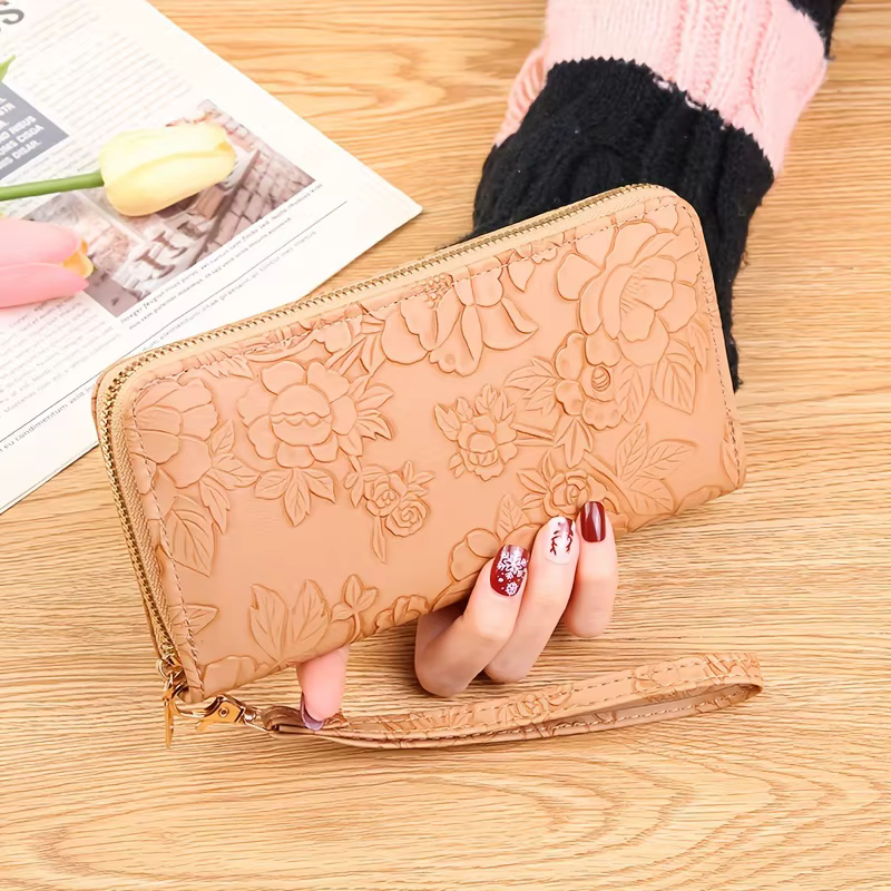 Portefeuille long en relief floral pour femme, porte-cartes de crédit en cuir PU, porte-monnaie simp