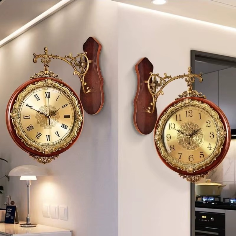 Horloge murale en bois Double face pour salon, décoration de chambre Vintage, montre murale de luxe,