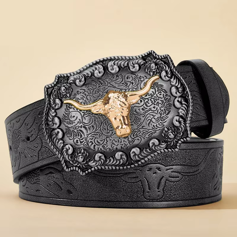 Ceinture de Cowboy occidentale pour hommes, en Faux cuir noir, Cool et beau, avec Design en relief e