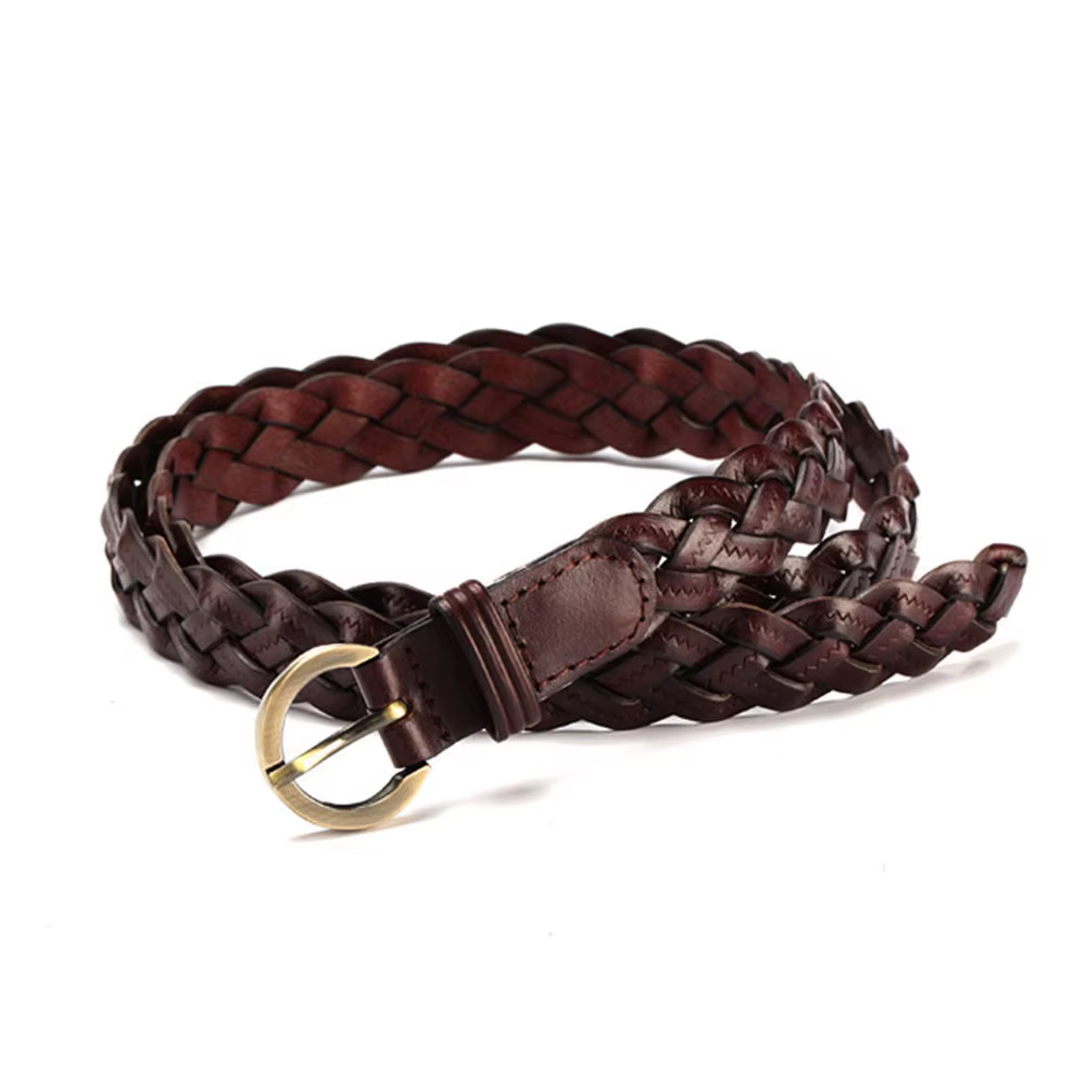 Ceinture en cuir pour femmes, avec boucle ronde dorée tressée, ceinture fine décontractée pour étudi