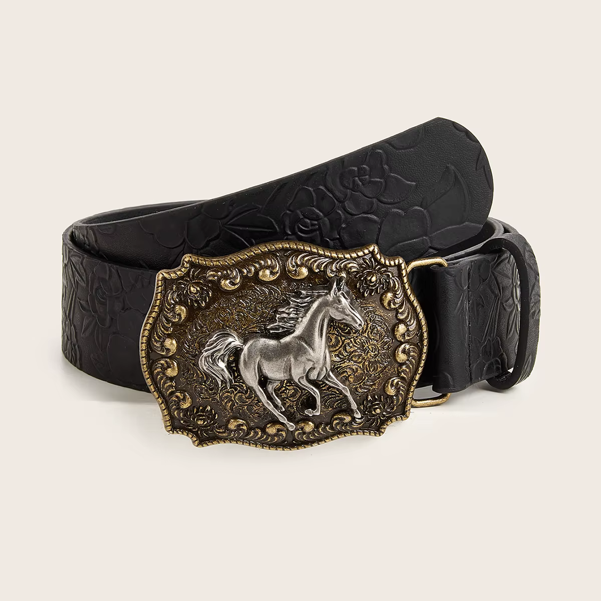 Ceinture en PU à motif de pivoine, boucle tête de cheval neutre, à la mode
