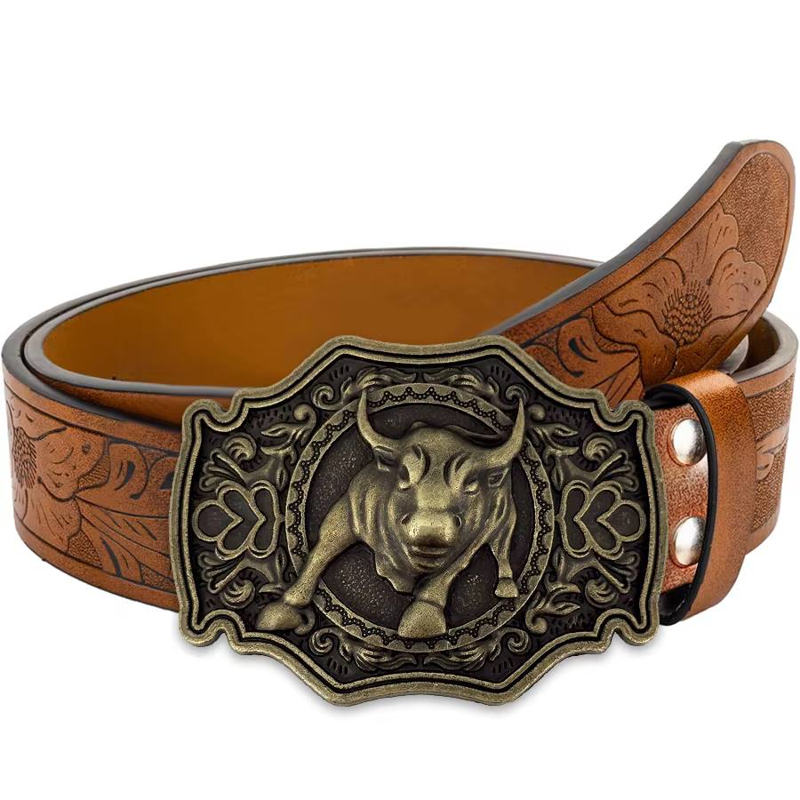 Ceinture Golden Calf avec grande boucle sculptée exquise en alliage pour hommes et femmes - Motif ir