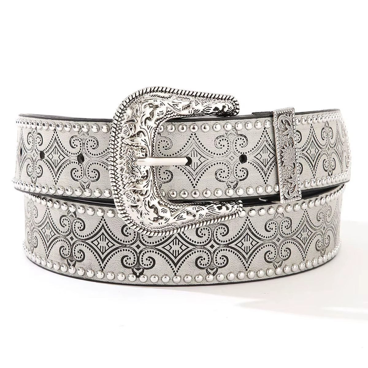 Ceinture vintage argentée avec boucle en métal sculpté de style western