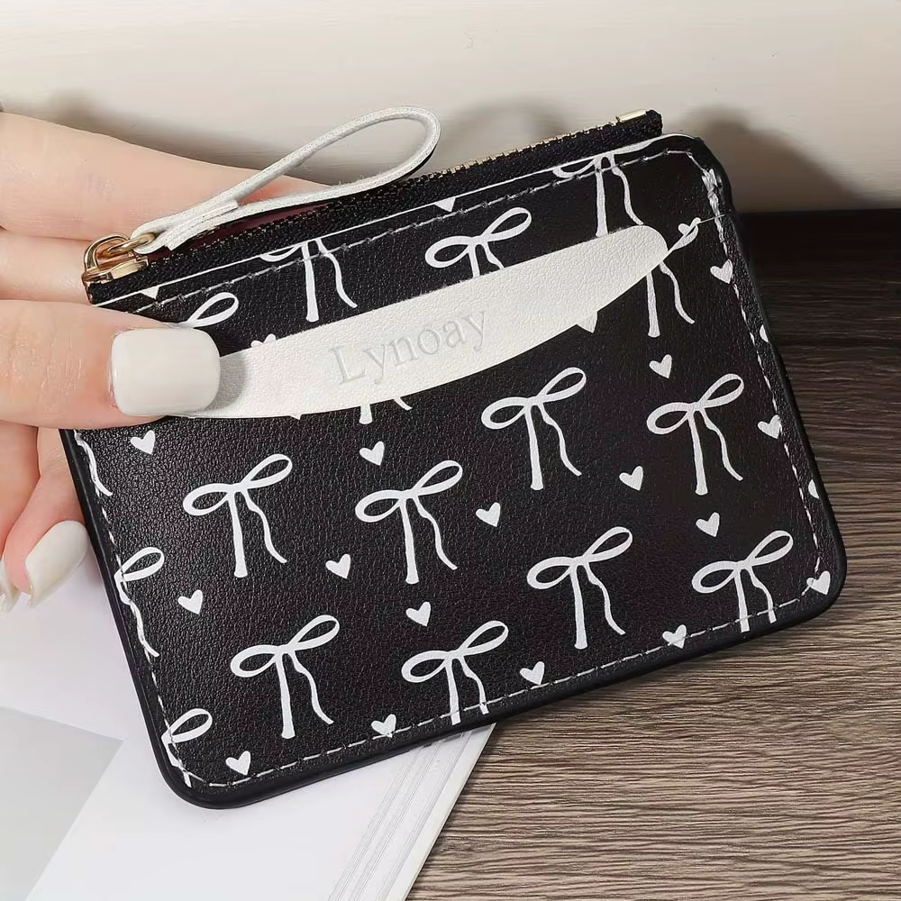 Portefeuille à nœud rose pour femmes, sac à cartes Simple en PU, porte-monnaie Ultra-fin à fermeture