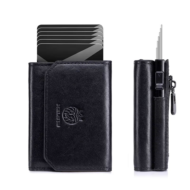 Porte-cartes en métal, portefeuille pop-up pour homme, portefeuille en cuir véritable à trois volets