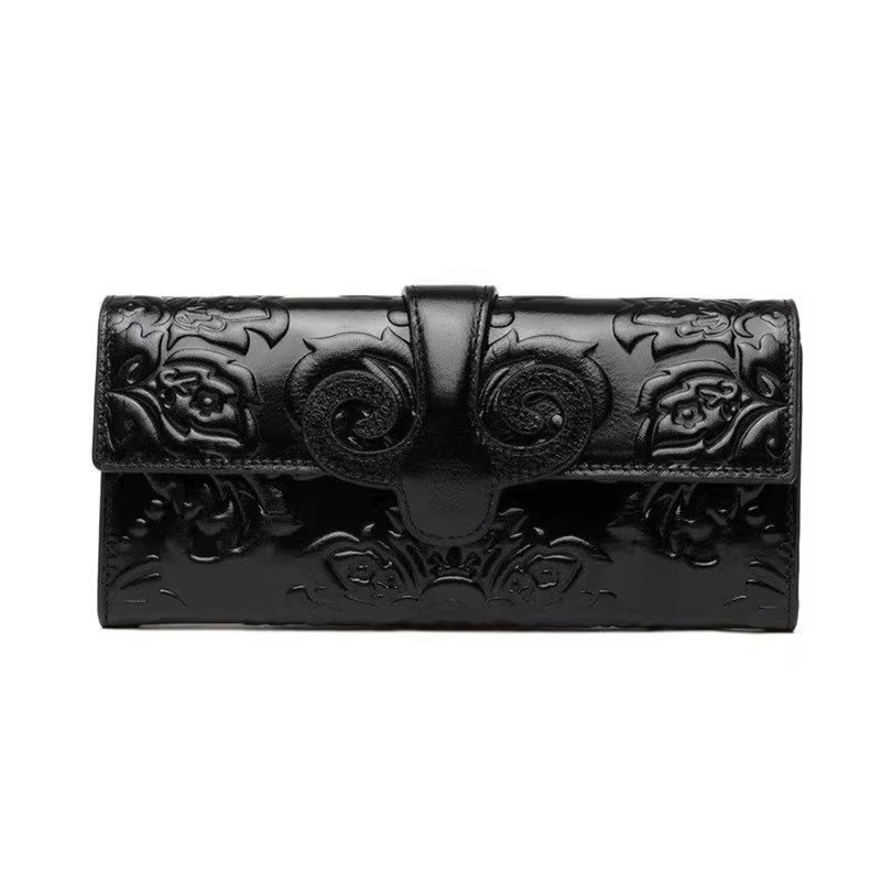 Portefeuille floral en cuir véritable pour femme, pochette longue pour femme, grand sac à main vinta