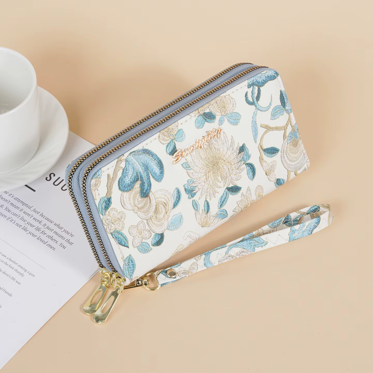 Portefeuille long vintage à broderie florale pour femme, double fermeture éclair, plusieurs emplacem