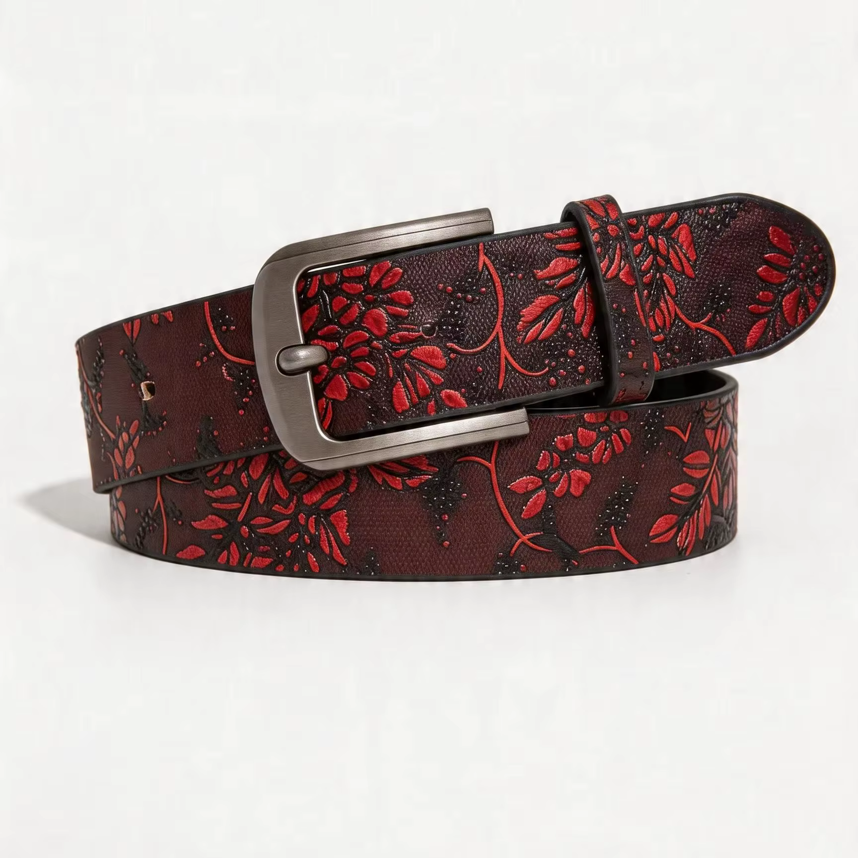 Ceinture vintage à fleurs gaufrées bordeaux pour femme, 1 pièce, ceinture polyvalente pour robes et 