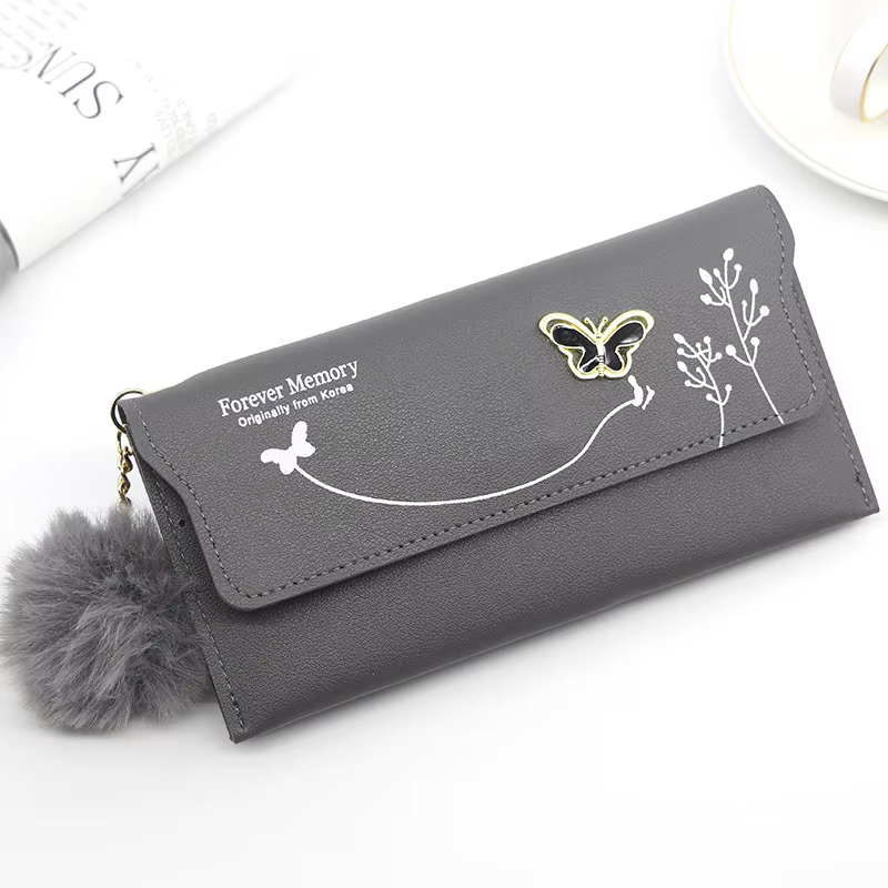 Portefeuille boule de fourrure pour femmes, couleur unie, en cuir PU, Long Standard, porte-cartes pa