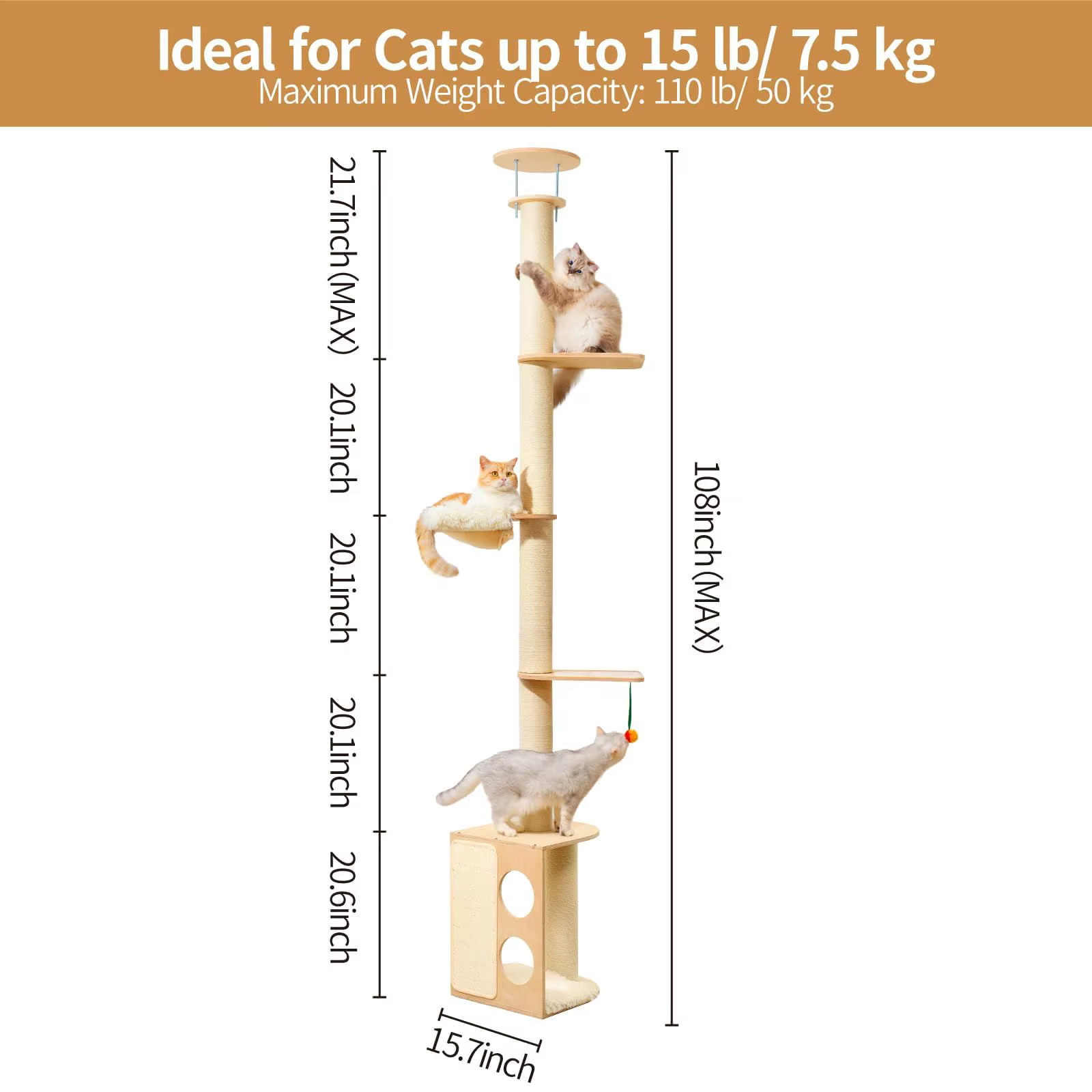 Arbre à chat mural haut, conçu spécifiquement pour les chats d'intérieur ; tour d'escalade ; mobilie