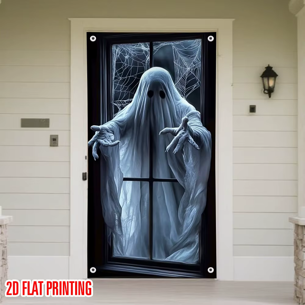 1 bannière de porte d'Halloween 2D - motif fantôme noir et blanc, matériau polyester durable, pour d