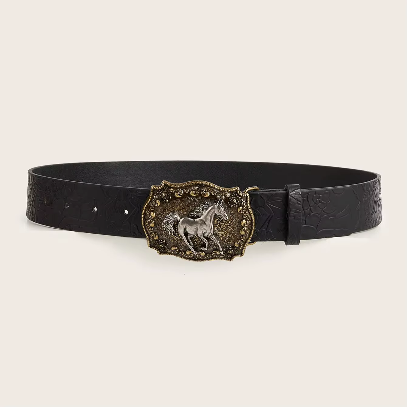 Ceinture en PU à motif de pivoine, boucle tête de cheval neutre, à la mode