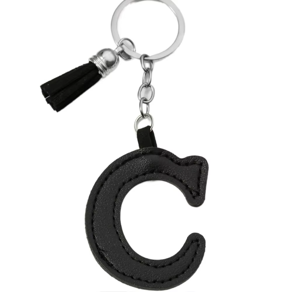 Organisateur de clés en PU, porte-clés alphabet 26 lettres avec pompon, boucle pour clés de voiture,