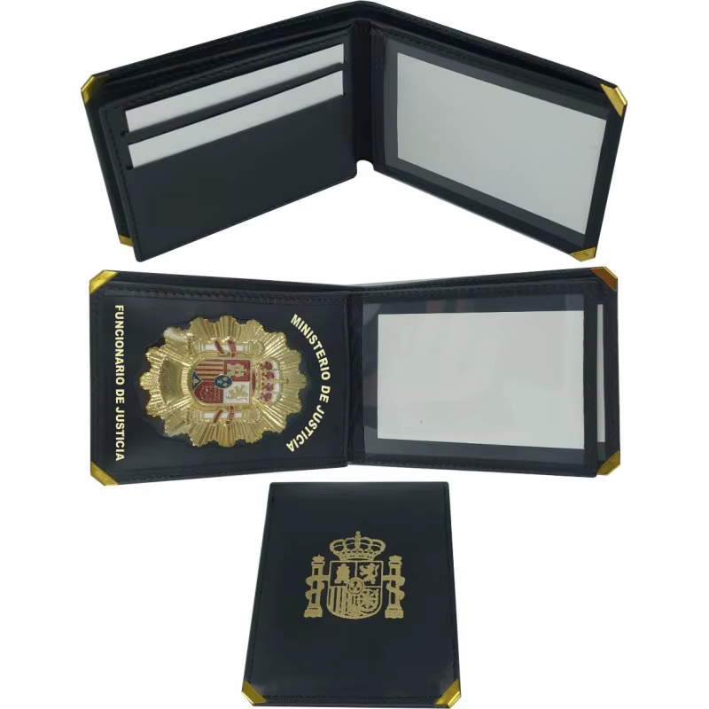 Porte-monnaie, badge officiel de justice en peau de vache, badges métalliques inclus, cartes, notes 