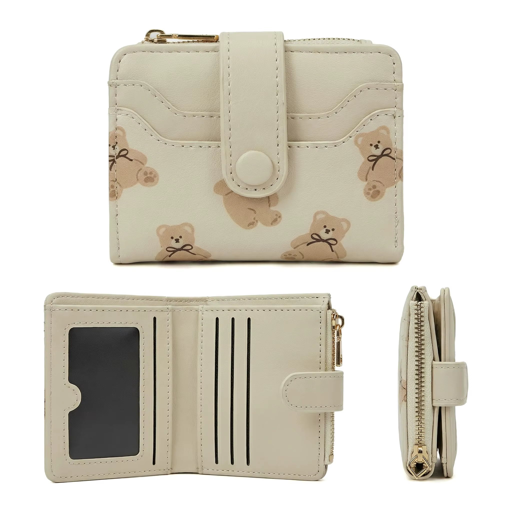 Portefeuille bifold pour femme en cuir PU avec motif d'ours mignon