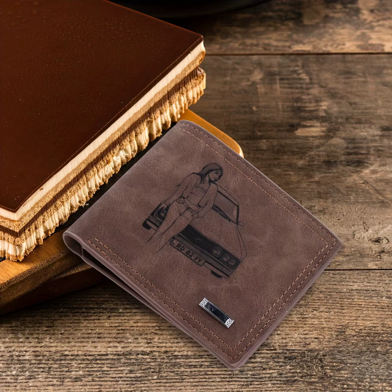 Portefeuille vintage personnalisé gravé avec photo pour homme