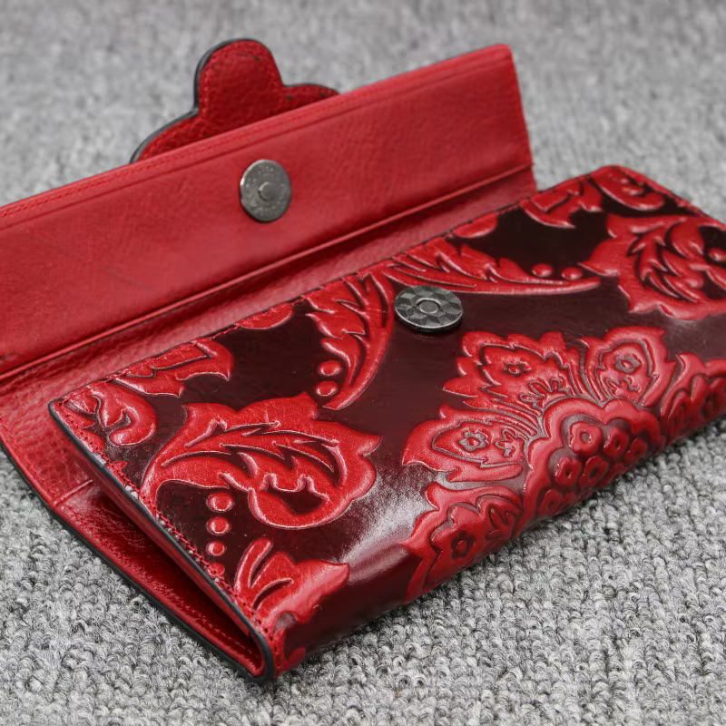 Portefeuille floral en cuir véritable pour femme