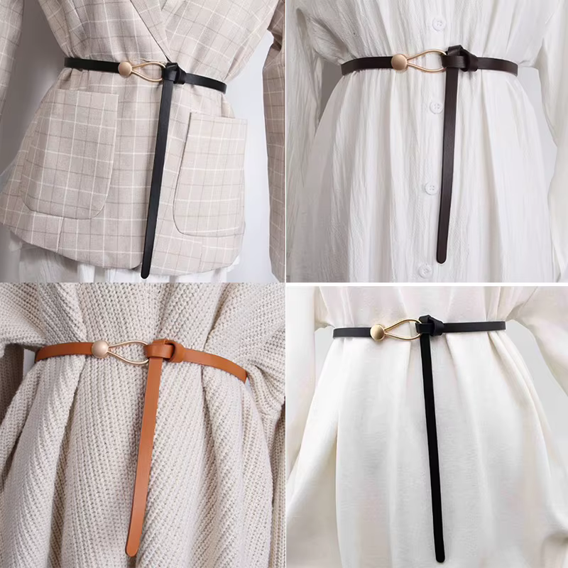 Ceinture fine en cuir avec nœud blanc ou noir pour femme