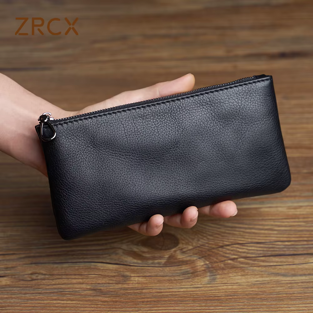 ZRCX hommes en cuir véritable longue fermeture éclair portefeuille première couche peau de vache jeunesse Ultra-mince