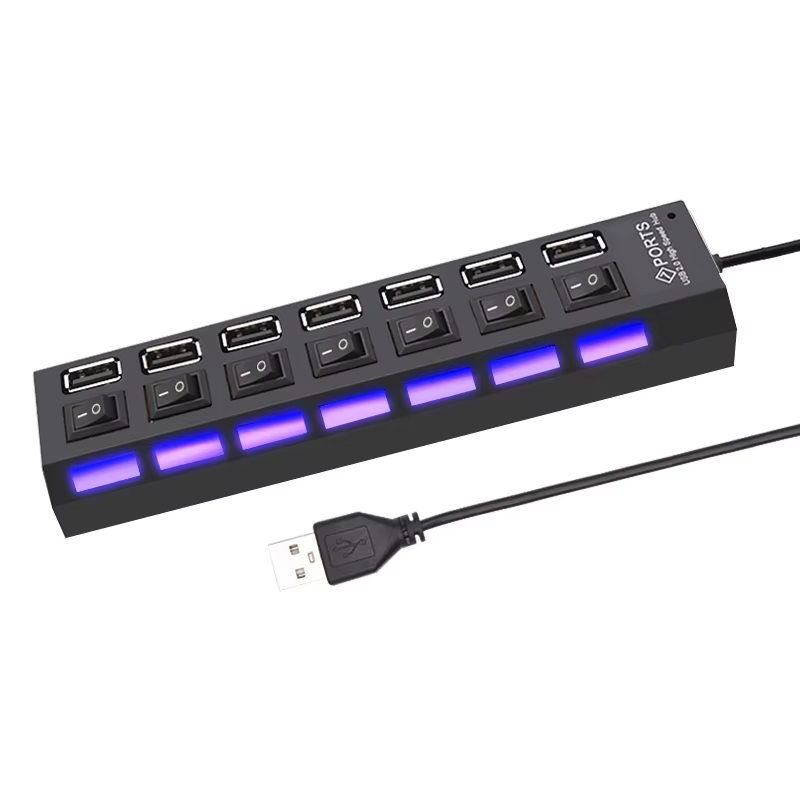Multi USB Splitter airies avec interrupteur pour PC, adaptateur secteur, extenseur multiple 2.0 ports, USB 2.0, 4/7, 2.0
