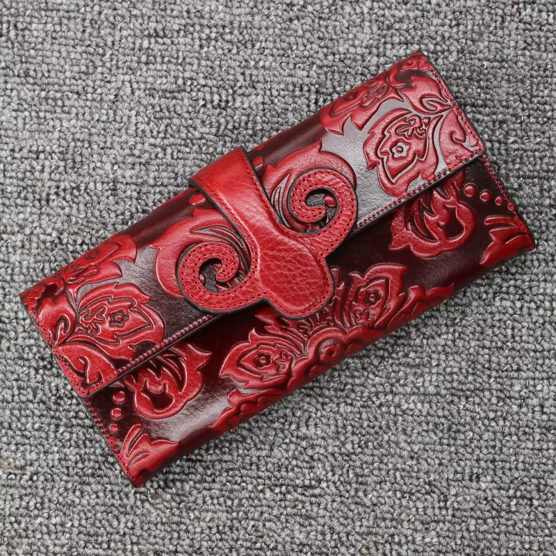 Portefeuille floral en cuir véritable pour femme