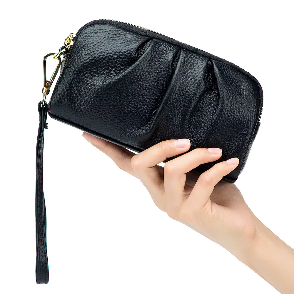 Nouveau 2025 polyvalent dame portefeuille contraste couleur porte-clés chaîne Style véritable couche supérieure en cuir de vache fermeture éclair pièces de monnaie poche sac à main