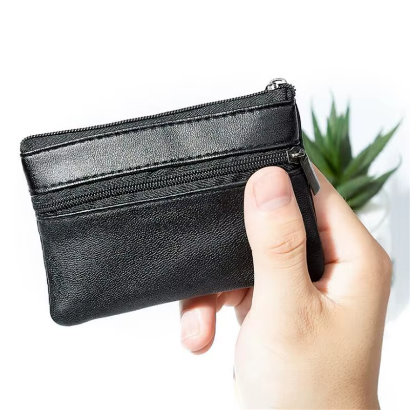 Porte-monnaie homme femme cuir noir fermeture éclair unique multi-fonction téléphone portable