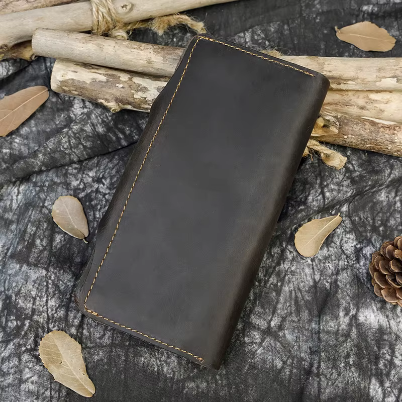 Portefeuille Long en Cuir de Cheval pour Homme, Pochette à Trois Volets, Marron, avec Poche pour Téléphone et Monnaie